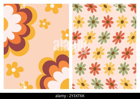 Ein Blumendesign im Retro-Stil mit Gänseblümchen in Gelb, Orange, Grün, Rot und weiß. Das Design ist auf einem pfirsichfarbenen Hintergrund und beinhaltet einen großen dai Stock Vektor