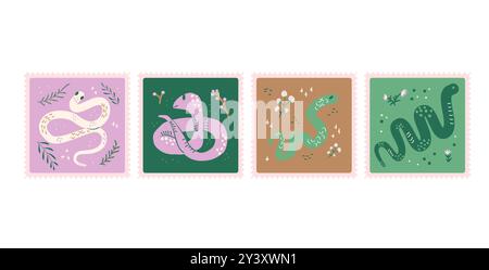 Briefmarken mit Schlangen. Reptiliensticker. Vektor Hand gezeichnete flache Sammlung Stock Vektor