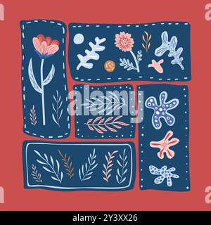 Illustration im Patchwork-Stil mit Blumen und Blättern auf dunkelblauem und rotem Hintergrund mit genähten Details. Vektor Hand gezeichnete Volkstrichtung Stock Vektor