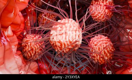 Peritreiche Bakterien mit viel Flagellum, schädlicher Bazillus mit langen Schwänzen, Prokaryote, Viren Probiotika und Erreger, H. pylori, Mikrobenflagell Stockfoto