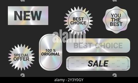 Holografische Aufkleber Logos Emblem Etiketten Farbset. Irisierende Formen. Zur Verpackung von Werbematerial. Aufkleber für Kleidung oder Accessoires. Vektorabbildung. Stock Vektor