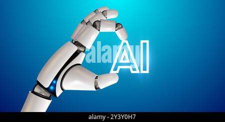 Roboterhand, die das Wort AI hält. Technologie, maschinelles Lernen, neuronales Netzwerk, Künstliche Intelligenz, KI. Vektorabbildung Stock Vektor