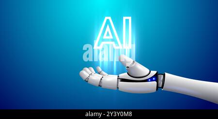 Roboterhand, die das Wort AI hält. Technologie, maschinelles Lernen, neuronales Netzwerk, Künstliche Intelligenz, KI. Vektorabbildung Stock Vektor