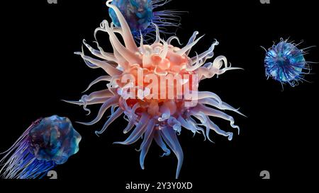 Peritreiche Bakterien mit viel Flagellum, schädlicher Bazillus mit langen Schwänzen, Prokaryote, Viren Probiotika und Erreger, H. pylori, Mikrobenflagell Stockfoto