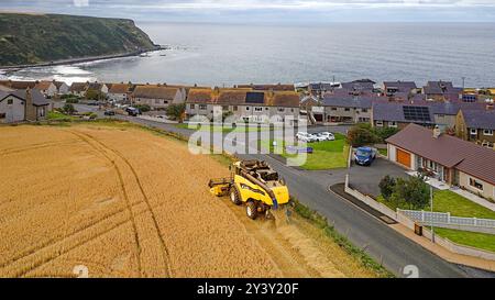 Kombinieren Sie Harvester Gardenstown Aberdeenshire Schottland die Dorfhäuser und einen Harvester im Spätsommer Moray Firth in der Ferne Stockfoto