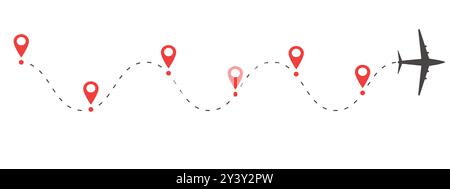 Flugzeug-Zeiteinlauf gestrichelte Linie mit Pin. Infografik-Ziel-Arbeitsvorlagenvorlage. Flugzeugsymbole, Roadmap-Infografik und Routen mit Standort. Vektorabbildung Stock Vektor