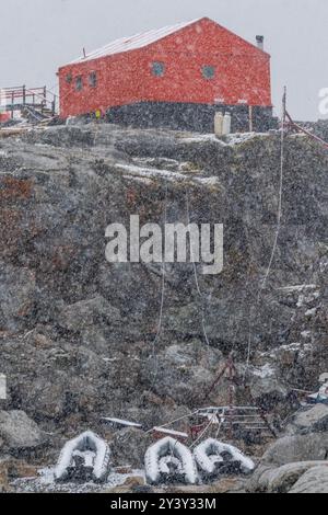 Cierva Cove, Antarktische Halbinsel - 2. Februar 2024. Nahaufnahme der antarktischen Forschungsbasis Primavera, die von Argentinien betrieben wird, hier an einem verschneiten Tag zu sehen. Stockfoto