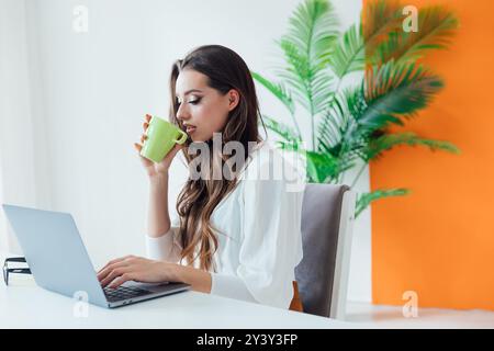 Frau, die online im Büro am Laptop unterrichtet Stockfoto