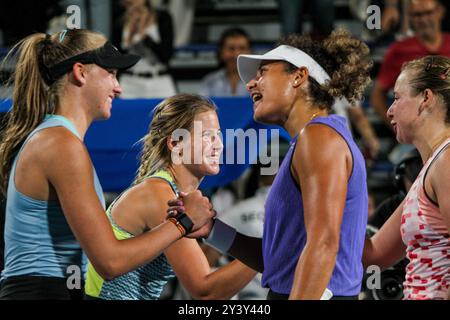 Monastir, Gouvernement Monastir, Tunesien. September 2024. Monastir, Tunesien, 14. September 2024. Mayar Sherif von Ägypten und Anna Blinkova von Russland gewinnen im Finale der Jasmin Open gegen Anastasia Sacharowa von Russland und Alina Korneeva von Russland. Das Profi-Tennisturnier der Frauen findet vom 9. Bis 15. September 2024 im Magic Hotel Skanes in Monastir, Tunesien statt (Credit Image: © Hasan mrad/IMAGESLIVE Via ZUMA Press Wire) NUR REDAKTIONELLE VERWENDUNG! Nicht für kommerzielle ZWECKE! Stockfoto