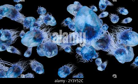 Peritreiche Bakterien mit viel Flagellum, schädlicher Bazillus mit langen Schwänzen, Prokaryote, Viren Probiotika und Erreger, H. pylori, Mikrobenflagell Stockfoto