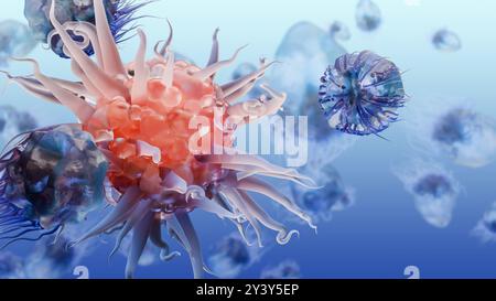 Peritreiche Bakterien mit viel Flagellum, schädlicher Bazillus mit langen Schwänzen, Prokaryote, Viren Probiotika und Erreger, H. pylori, Mikrobenflagell Stockfoto