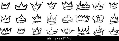 Set mit Kritzelkronen, gezeichnet mit Wachsstift. Schwarze königliche Kopfbedeckung im Graffiti-Stil. Kollektion handgezeichneter luxuriöser Kid-Elemente für Rock oder Hip Stock Vektor