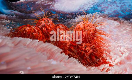 Peritreiche Bakterien mit viel Flagellum, schädlicher Bazillus mit langen Schwänzen, Prokaryote, Viren Probiotika und Erreger, H. pylori, Mikrobenflagell Stockfoto