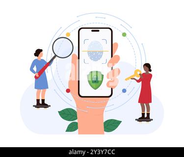 Biometrische Identifikation, eindeutiger Fingerabdruckscan zur Authentifizierung. Handheld Handy mit Fingerabdruckscanner auf dem Bildschirm, winzige Leute mit Schlüssel und Vergrößerungsglas Cartoonvektor Illustration Stock Vektor