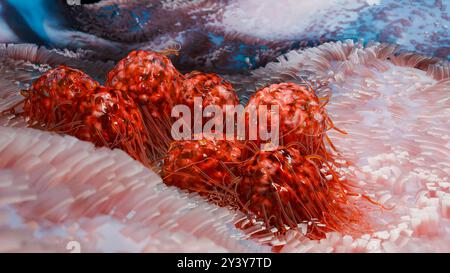 Peritreiche Bakterien mit viel Flagellum, schädlicher Bazillus mit langen Schwänzen, Prokaryote, Viren Probiotika und Erreger, H. pylori, Mikrobenflagell Stockfoto