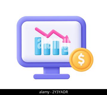 Computer- und absteigende Diagrammgrafik mit Pfeil nach unten, Münze mit Dollarzeichen. Wirtschaftskrise, Konkurs, Handelsrückgang, Geschäfts- und Finanzrisiko c Stock Vektor