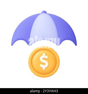 Regenschirm und Münze mit Dollarzeichen. Geschäfts- und Finanzversicherung, Schutz, Sicherheitskonzept. Symbol für 3D-Vektor. Minimaler Cartoon-Style. Stock Vektor