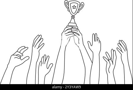 Viele Hände erhoben. Der Gewinner hält Trophäe in Händen, Linienkunstvektor. Stock Vektor