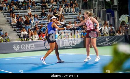 Monastir, Tunesien, 14. September 2024. Mayar Sherif von Ägypten und Anna Blinkova von Russland spielen gegen Anastasia Sacharowa von Russland und Alina Korneeva von Russland im Finale des Jasmin Open Tennis Turniers in Monastir, Tunesien. Das Tennisturnier der Frauen findet vom 9. Bis 15. September 2024 im Magic Hotel Skanes in Monastir statt Stockfoto