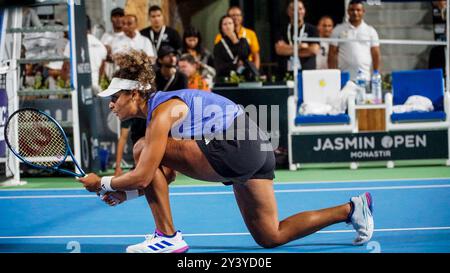 Monastir, Tunesien, 14. September 2024. Mayar Sherif von Ägypten und Anna Blinkova von Russland spielen gegen Anastasia Sacharowa von Russland und Alina Korneeva von Russland im Finale des Jasmin Open Tennis Turniers in Monastir, Tunesien. Das Tennisturnier der Frauen findet vom 9. Bis 15. September 2024 im Magic Hotel Skanes in Monastir statt Stockfoto