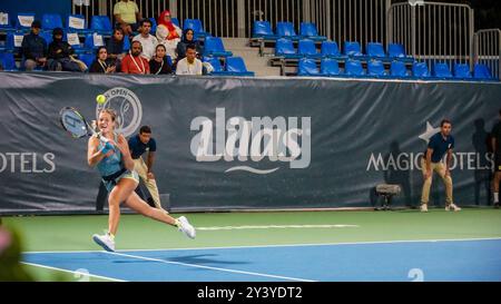 Monastir, Tunesien, 14. September 2024. Anastasia Sacharowa aus Russland und Alina Korneeva aus Russland spielen im Finale der Jasmin Open gegen Mayar Sherif aus Ägypten und Anna Blinkova aus Russland. Das Tennisturnier der Frauen fand vom 9. Bis 15. September 2024 im Magic Hotel Skanes in Monastir, Tunesien, statt Stockfoto