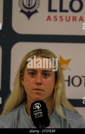 Monastir, Tunesien, 14. September 2024. Der britische Tennisspieler Sonay Kartal spricht während einer Pressekonferenz bei den Jasmin Open in Monastir. Tunesien. Kartal soll gegen die slowakische Rebecca Sramkova im Endspiel der Jasmin Open spielen. Das Tennisturnier der Frauen findet vom 9. Bis 15. September 2024 im Magic Hotel Skanes in Monastir statt Stockfoto