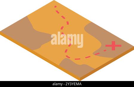 Einfache isometrische Schatzkarte mit einer rot gepunkteten Linie, die zu einem roten x führt, markiert den Ort Stock Vektor