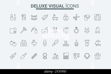 Kosmetische Produkte für Körper- oder Haarpflege und Hygiene, Kleidung und Zubehör, Werkzeuge für Make-up und Freizeitaktivität dünne schwarze Umrisssymbole Vektorillustration. Symbole für Schönheitslinien. Stock Vektor