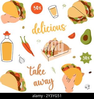 Tacos-Set. Mexikanische Küche. Handgezeichnete Elemente für Cafés, Restaurants. Vektorabbildung. Stock Vektor