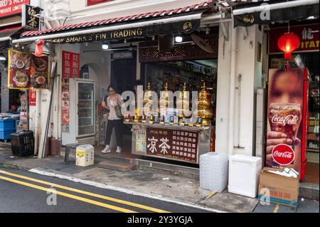 Frisch zubereiteter chinesischer Tee aus einem Set traditioneller chinesischer Messing-Teespender für vorbeifahrende Kunden in der Smith Street, Chinatown, eine alte Geschichte Stockfoto