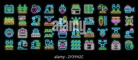Smart Farm und Landwirtschaft Neonsymbole setzen Vektor. Ernteroboter und automatisches Bewässerungssystem, intelligente Farmdrohne und Gewächshaus, Illustrationen zu umweltfreundlicher Landwirtschaft Stock Vektor