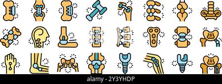 Dieses Symbolset konzentriert sich auf die Endoprothetik und zeigt verschiedene Implantate und chirurgische Verfahren für verschiedene Gelenke im menschlichen Körper Stock Vektor