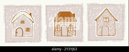 Skurrile verschneite Hüttentür mit festlichem Weihnachtsmotiv im dezember. Winterurlaub in sozialen Medien. Niedlich, handgezeichnet festlich Stock Vektor