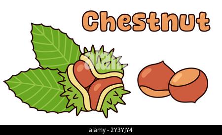 Handgezeichnete Kritzelei aus Kastanien. Blätter, stachelige Muscheln und Nüsse. Niedliche Zeichentrickzeichnung, Vektorclip-Kunst-Illustration. Stock Vektor