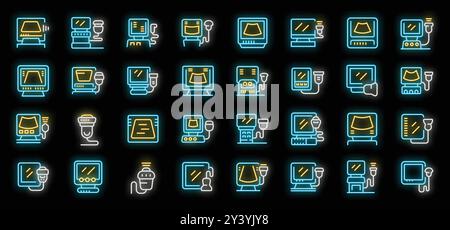 Medizinische Ultraschallmaschine, die Baby, Herz und andere Organe Neonsymbole auf schwarzem Hintergrund lokalisierte Vektor-Illustration zeigt Stock Vektor