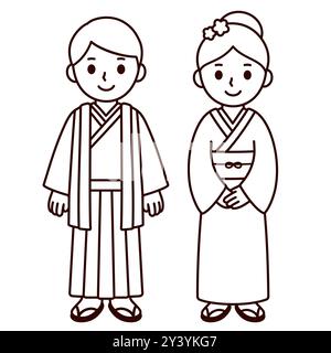 Niedliches Paar mit Jungen und Mädchen in Japans Nationalkostüm. Zeichentrickkinder im traditionellen japanischen Kimono. Schwarzweiß-Strichgrafik zum Ausmalen. Vektor Stock Vektor