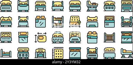 Diese Vektor-Illustration enthält eine Sammlung von bunten Symbolen, die verschiedene Betttypen und -Größen darstellen, perfekt für Projekte im Zusammenhang mit Möbeln, Innenarchitektur und Schlaf Stock Vektor