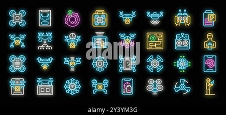 Diese fesselnde Vektor-Illustration zeigt eine lebendige Sammlung von Neonsymbolen, die jeweils einen anderen Aspekt von Drohnen darstellen Stock Vektor