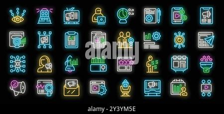Lebendige Neonsymbole, die verschiedene Aspekte des digitalen Marketings darstellen, von Strategie und Analyse über die Erstellung von Inhalten bis hin zur Interaktion mit sozialen Medien Stock Vektor