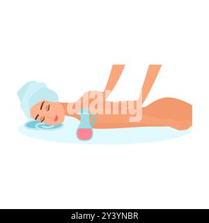 Vektor-Illustration einer Frau, die eine Aromatherapie-Massage erhält, symbolisiert Entspannung und Wohlbefinden. Stock Vektor