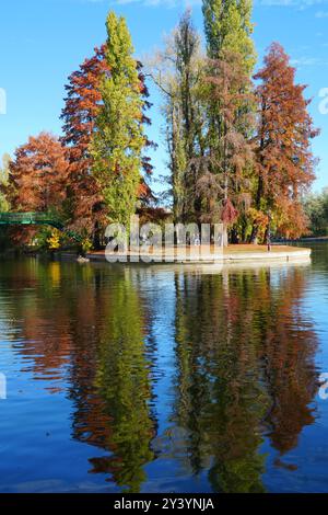 Wunderschöne Herbstlandschaft mit bunten Bäumen, See und blauem Himmel im IOR Park im Viertel Titan in Bukarest, Rumänien Stockfoto