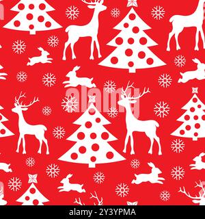 Merry Christmas Vektor nahtloses Muster. Winterferien Hintergrund, Tapete, wiederholtes Muster Textildesign mit Rentier, Weihnachtsbaum, Kaninchen A Stock Vektor