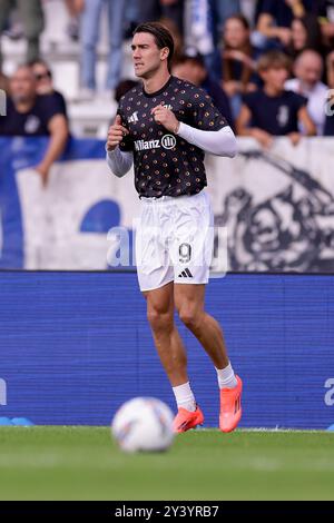 Juventus’ serbischer Stürmer Dusan Vlahovic vor dem Fußball-Spiel der Serie A Empoli gegen Juventus im Carlo Castellani Stadion am 14. September 2024 in Empoli. Stockfoto