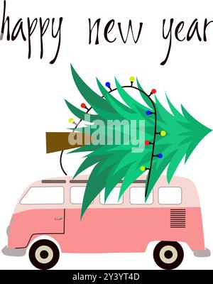 Bus mit einem Weihnachtsbaum mit Girlande auf dem Dach. Perfekt für Weihnachtsgrußkarten, Partydekorationen, Geschenkanhänger und saisonales Kunsthandwerk. Stock Vektor