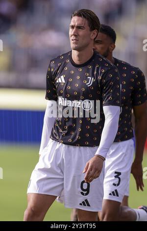 Juventus’ serbischer Stürmer Dusan Vlahovic vor dem Fußball-Spiel der Serie A Empoli gegen Juventus im Carlo Castellani Stadion am 14. September 2024 in Empoli. Stockfoto