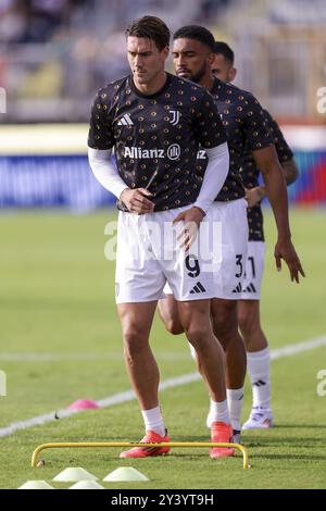 Juventus’ serbischer Stürmer Dusan Vlahovic vor dem Fußball-Spiel der Serie A Empoli gegen Juventus im Carlo Castellani Stadion am 14. September 2024 in Empoli. Stockfoto