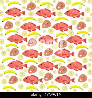 Würmer, Fische und Früchte als Musterhintergrund Stock Vektor