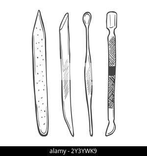 Set von Monochrom-Symbolen für die Maniküre und Pediküre, Designelemente isoliert auf weißem Hintergrund. Schönheits- und Modesymbole. Stock Vektor