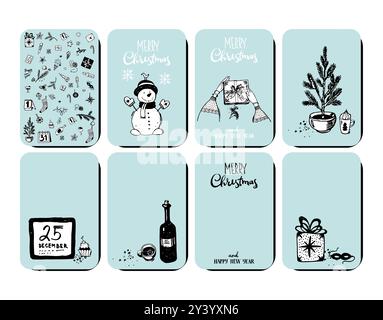 Set Weihnachtskarten mit Schneemann, Neujahrsbaum, handgezeichneten Weihnachtselementen. Vintage-Abzeichen für Geschenke, vertikaler Hintergrund mit Platz für Text. Ve Stock Vektor