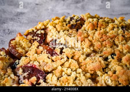 Concept Food-Bild eines deutschen hausgemachten Crumble Pflaumenkuchen Stockfoto